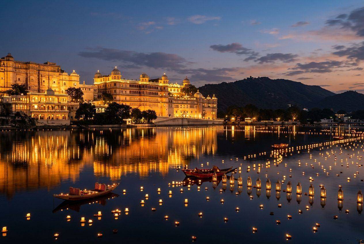 Luxury Udaipur palace wedding at dusk on Lake Pichola
